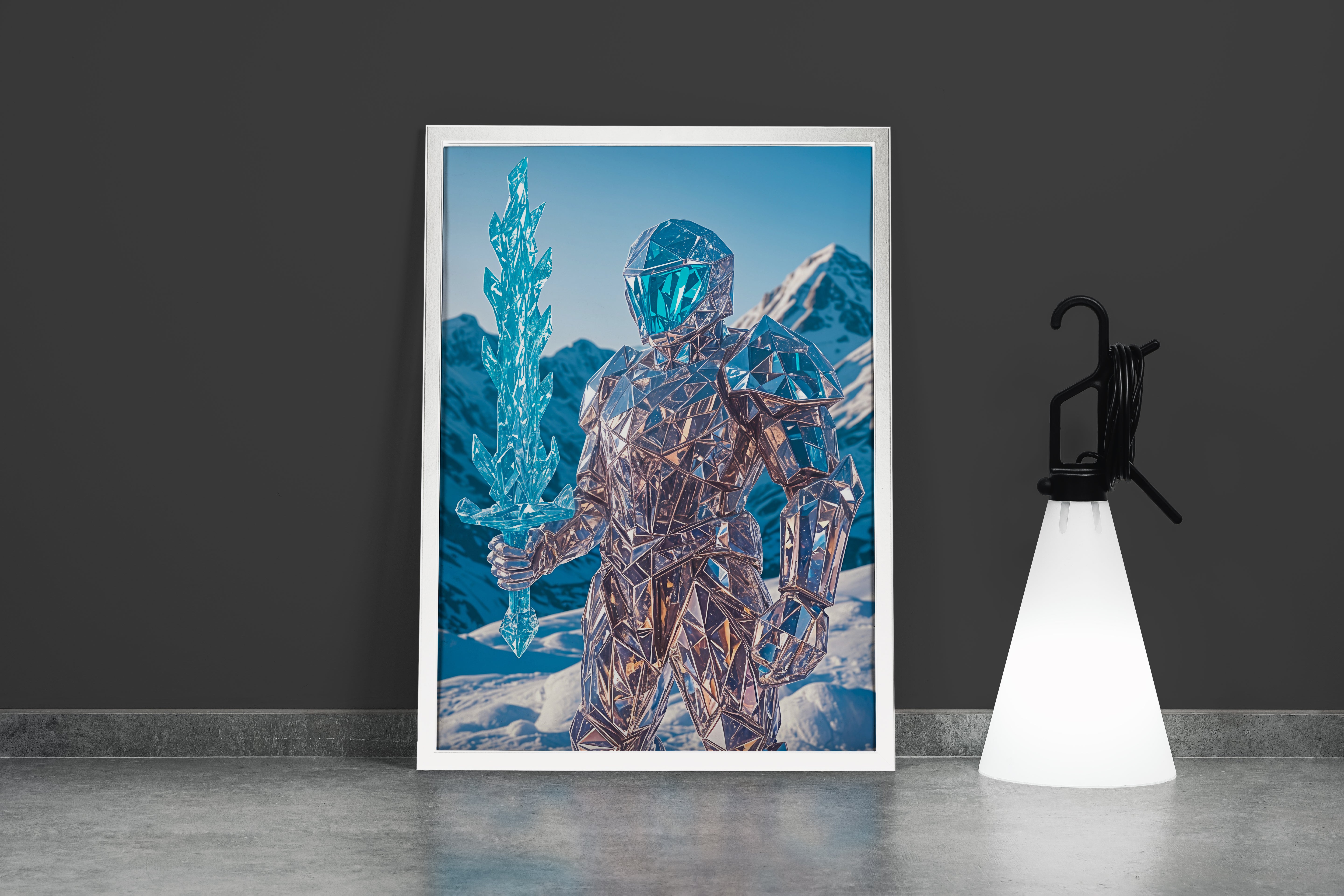 ai creation, crystal shining warrior holding a crystal sword, frozen theme, ai art, art, kanvas tablo