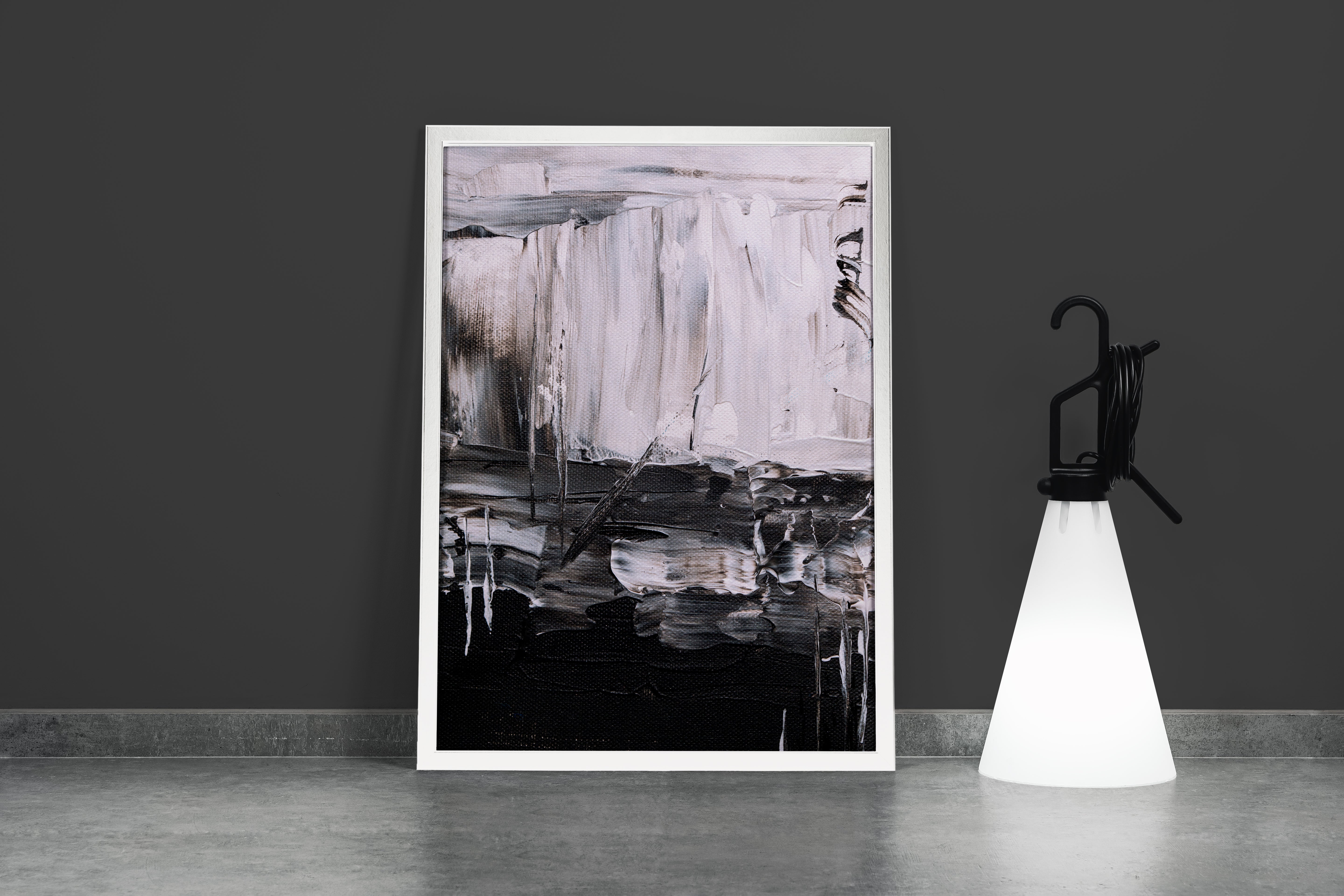 a close-up of a black and white abstract painting with heavy, textured brushstrokes, abstract, art, kanvas tablo