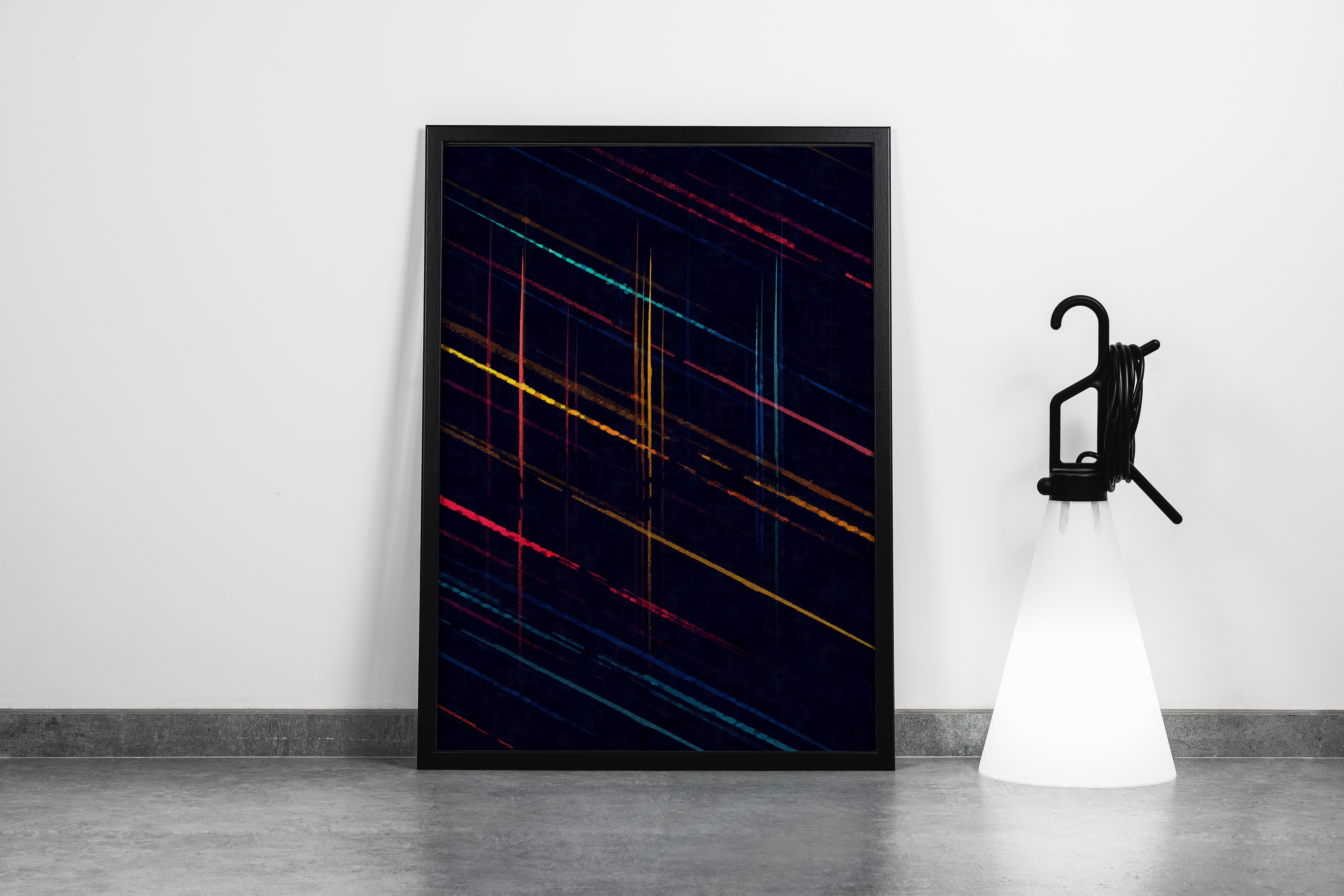 a dark abstract background with thin, colorful, diagonal lines streaking across the canvas, abstract, art, kanvas tablo