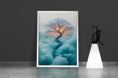 ai creation, tree growing above the clouds at sunset, ai art, art, kanvas tablo