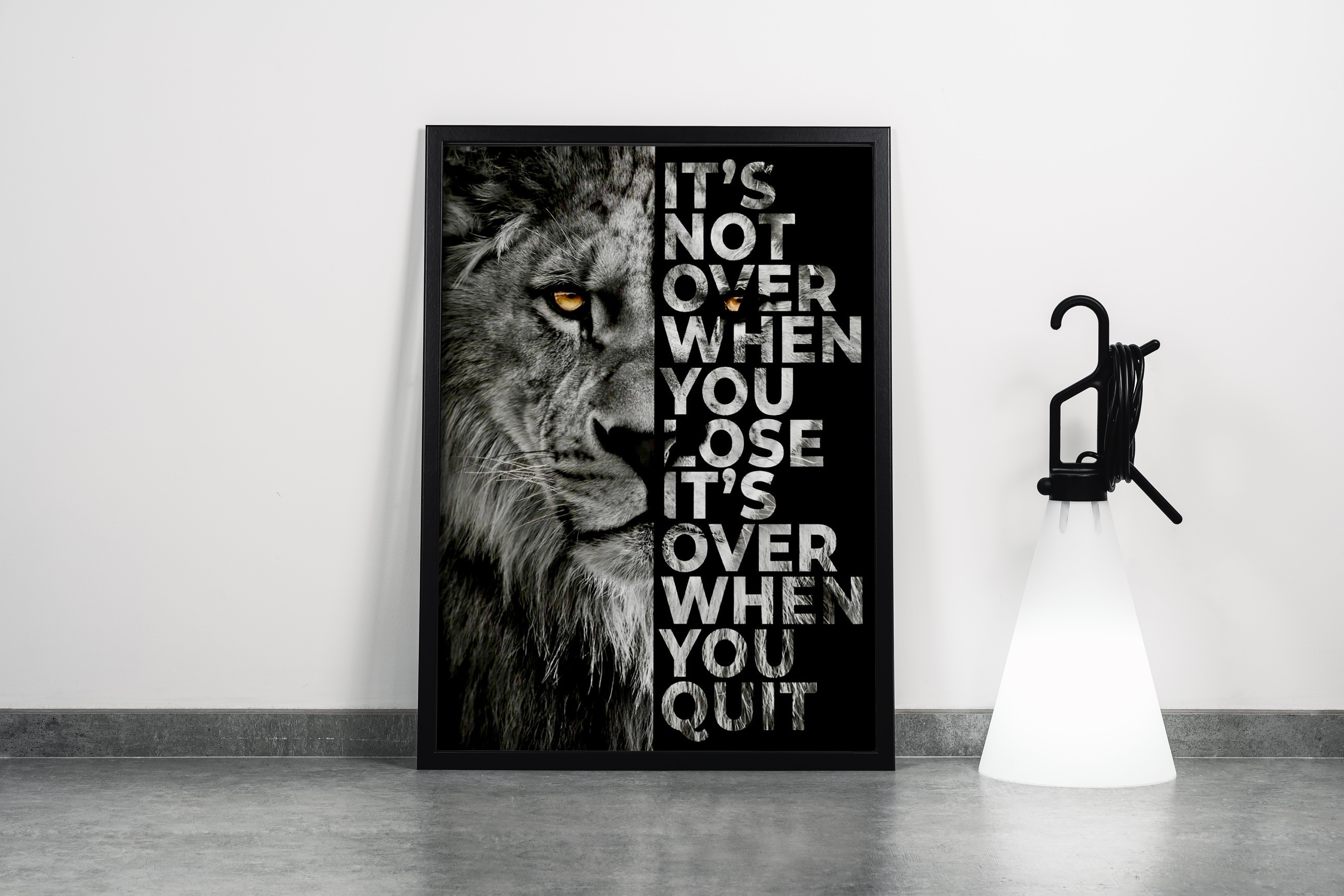 a lion's face split with the motivational quote, art, kanvas tablo