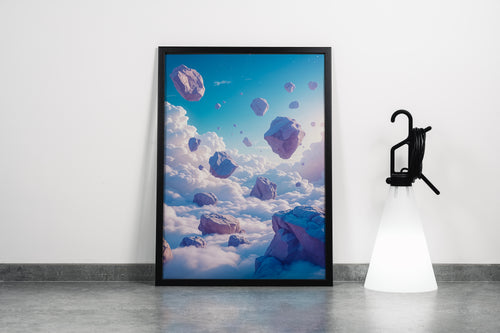 ai creation, large rock pieces flying above the clouds, ai art, art, kanvas tablo