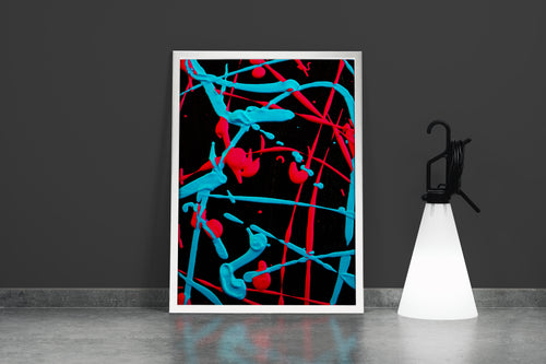 vibrant abstract splatters of bright red and cyan paint on a solid black background, abstract, art, kanvas tablo