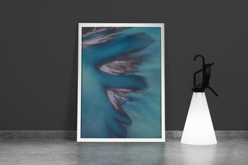 a minimalist aerial photograph of sandbars creating abstract shapes in calm, blue-grey water, abstract, art, kanvas tablo