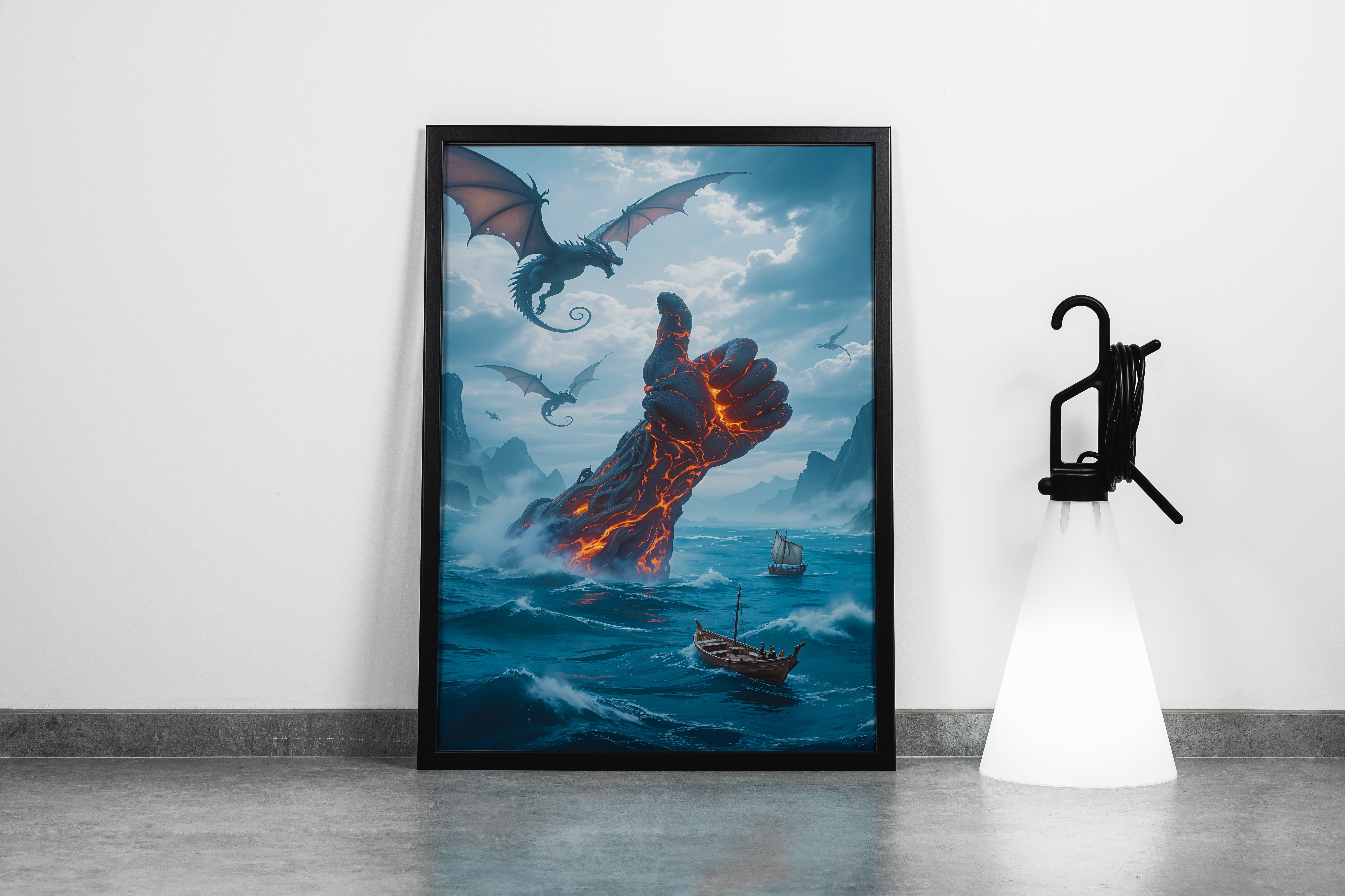 ai creation, a giant lava hand giving a thumbs up in a sea of dragons, ai art, art, kanvas tablo