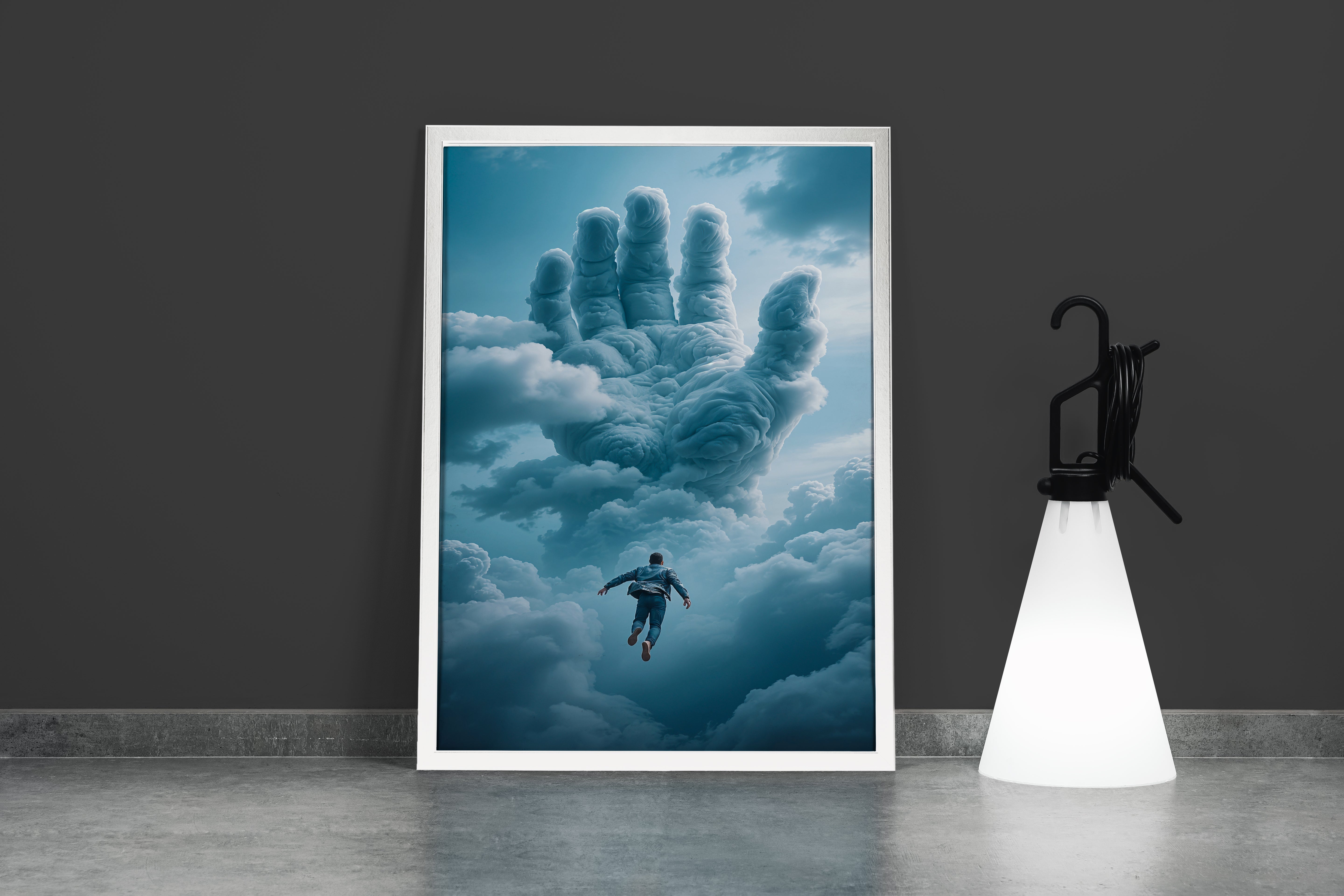 ai creation, a giant hand of clouds reaching for a man falling through the sky, ai art, art, kanvas tablo