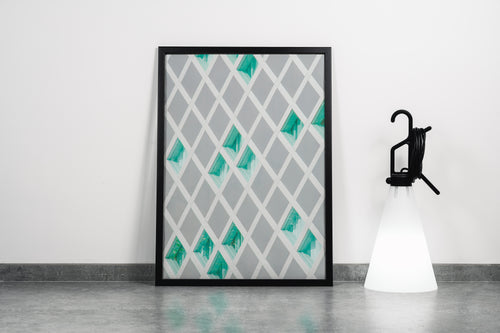 a minimalist architectural facade with a white diagonal lattice over turquoise glass windows, abstract, art, kanvas tablo