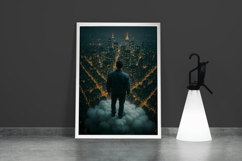 ai creation, man looking down on the city from above the cloud, ai art, art, kanvas tablo