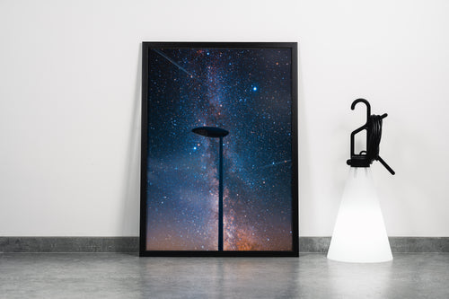a street lamp silhouetted against a breathtaking starry night sky full of the milky way, abstract, art, kanvas tablo