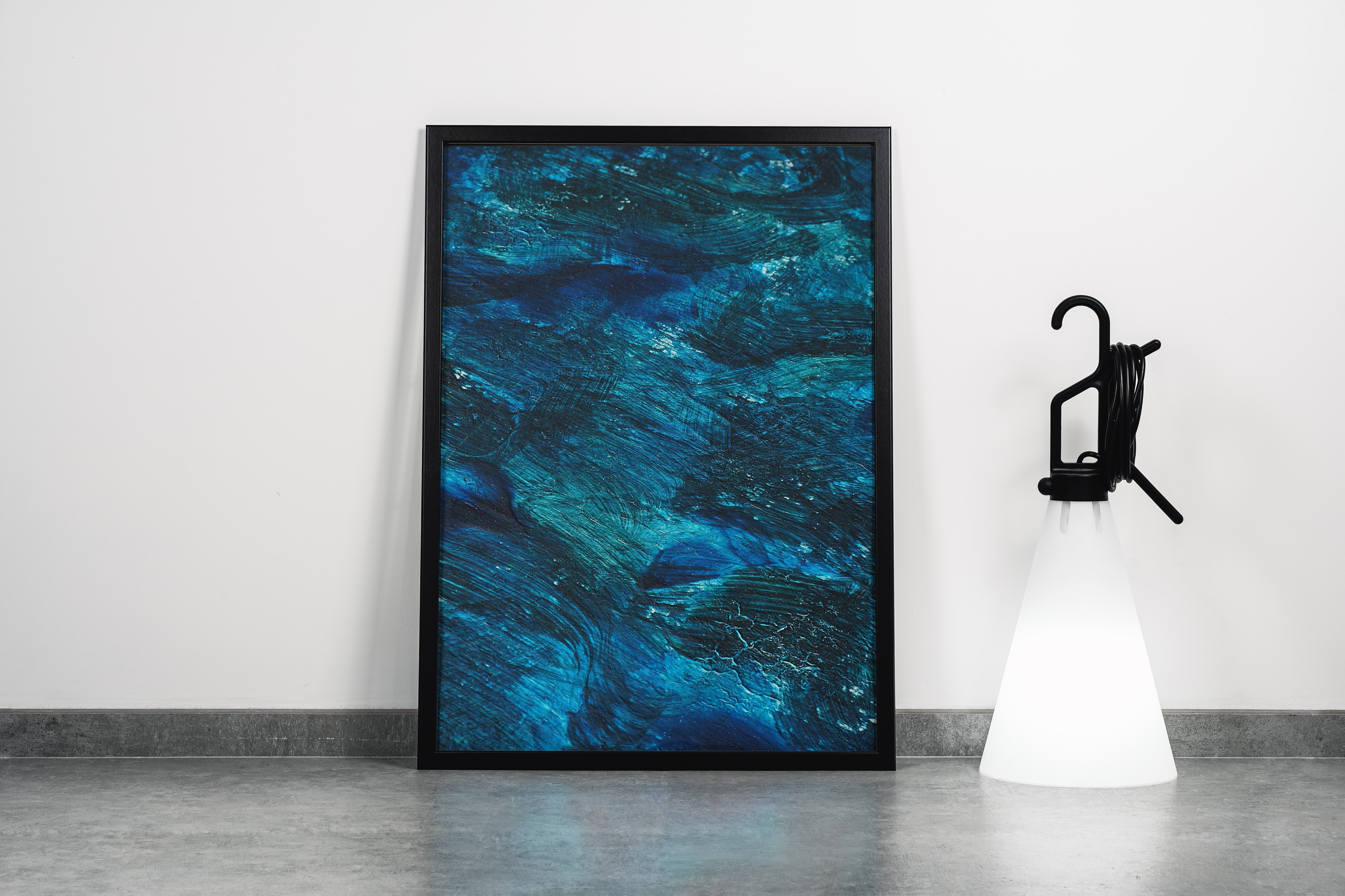 a close-up of a textured abstract painting with brushstrokes in deep blue and teal, abstract, art, kanvas tablo