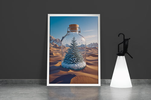 ai creation, tree standing on snow in the desert, stuck in a bottle, ai art, art, kanvas tablo