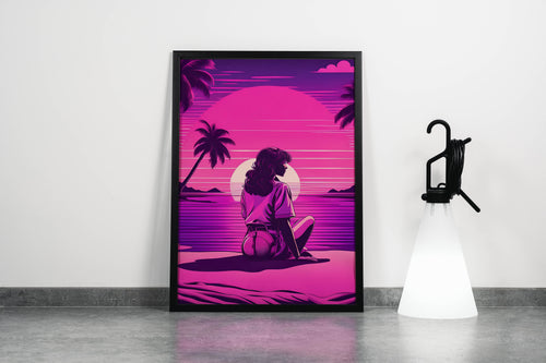 retrowave vogue, pop art, sunshine, sitting on the beach, art, kanvas tablo