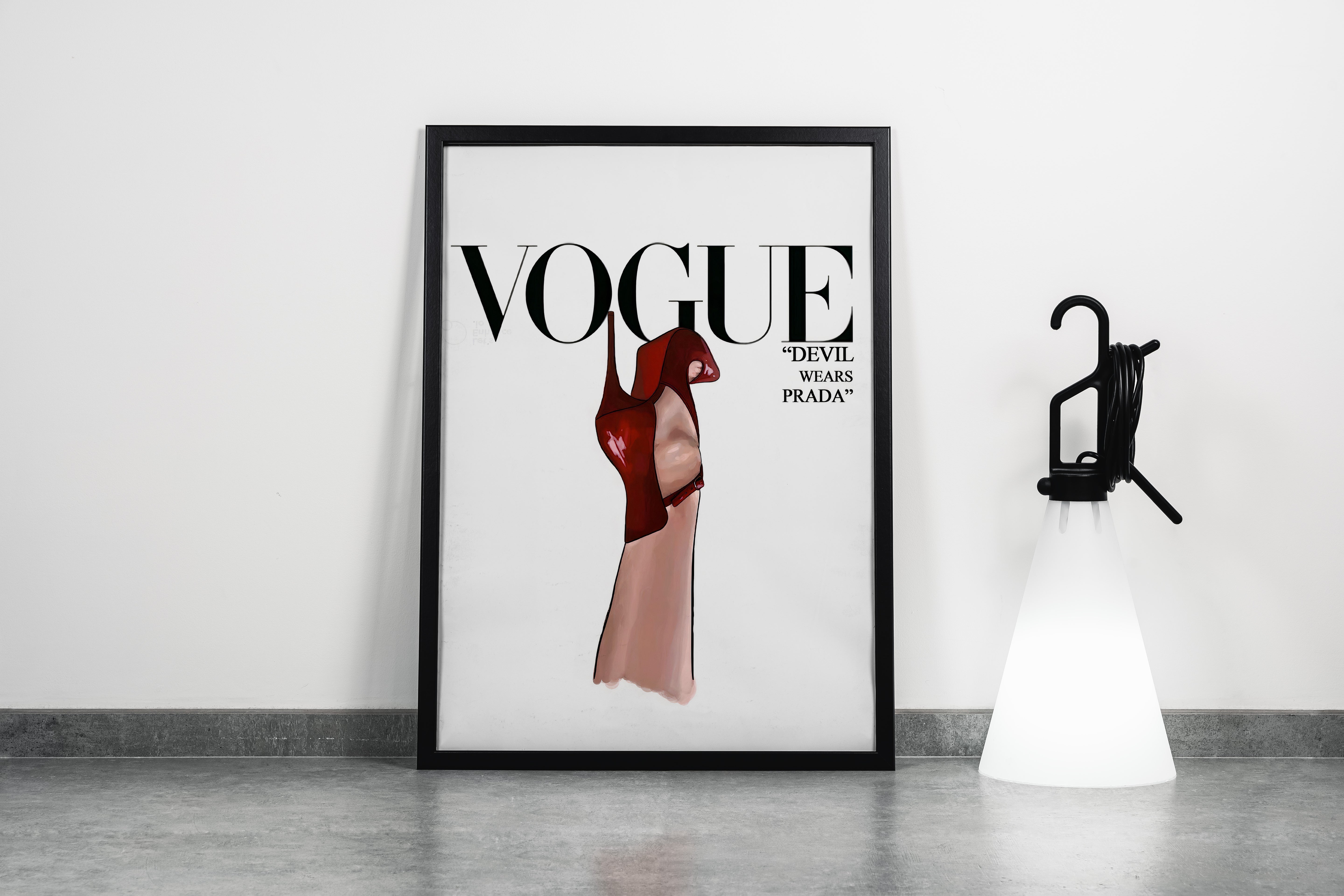 a minimalist vogue cover illustration of a red heel as a devil's hood, art, kanvas tablo