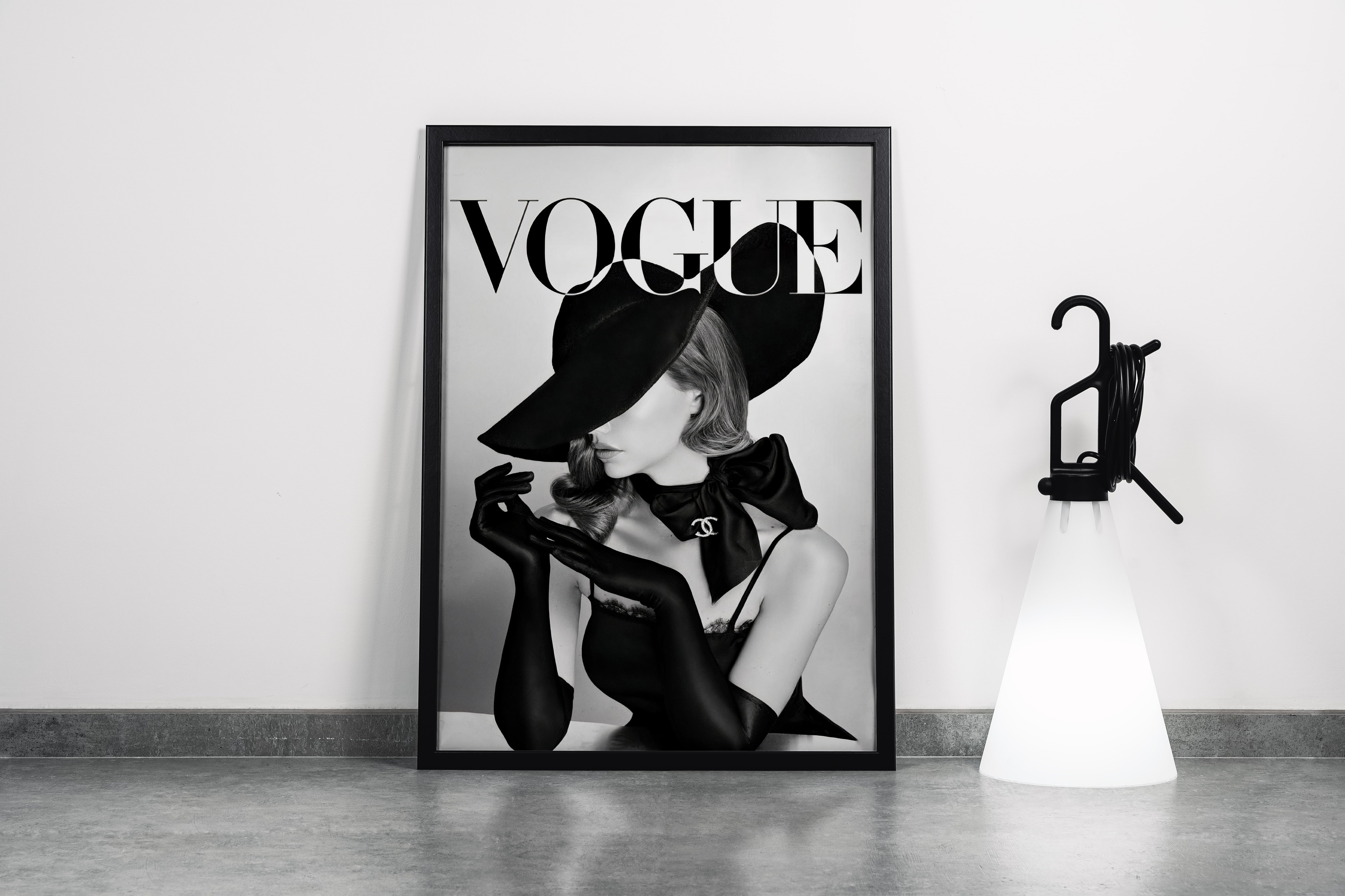 an elegant, mysterious woman in a big hat and gloves on a vogue cover, art, kanvas tablo