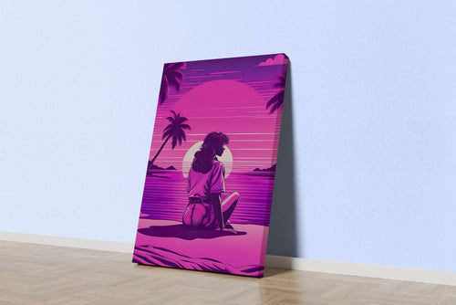 retrowave vogue, pop art, sunshine, sitting on the beach, art, kanvas tablo