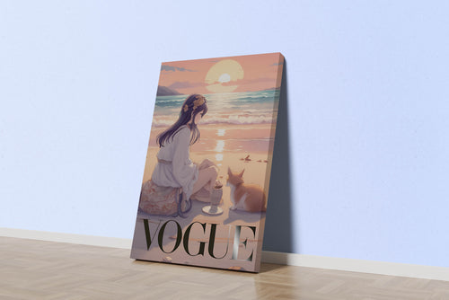 ai creation vogue, anime, beauty, sitting on the beach with cat, art, kanvas tablo