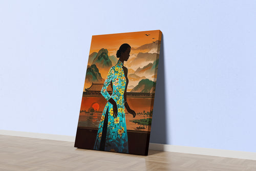 ai creation, asian flowers and asian women in the middle of sunset, ai art, art, kanvas tablo