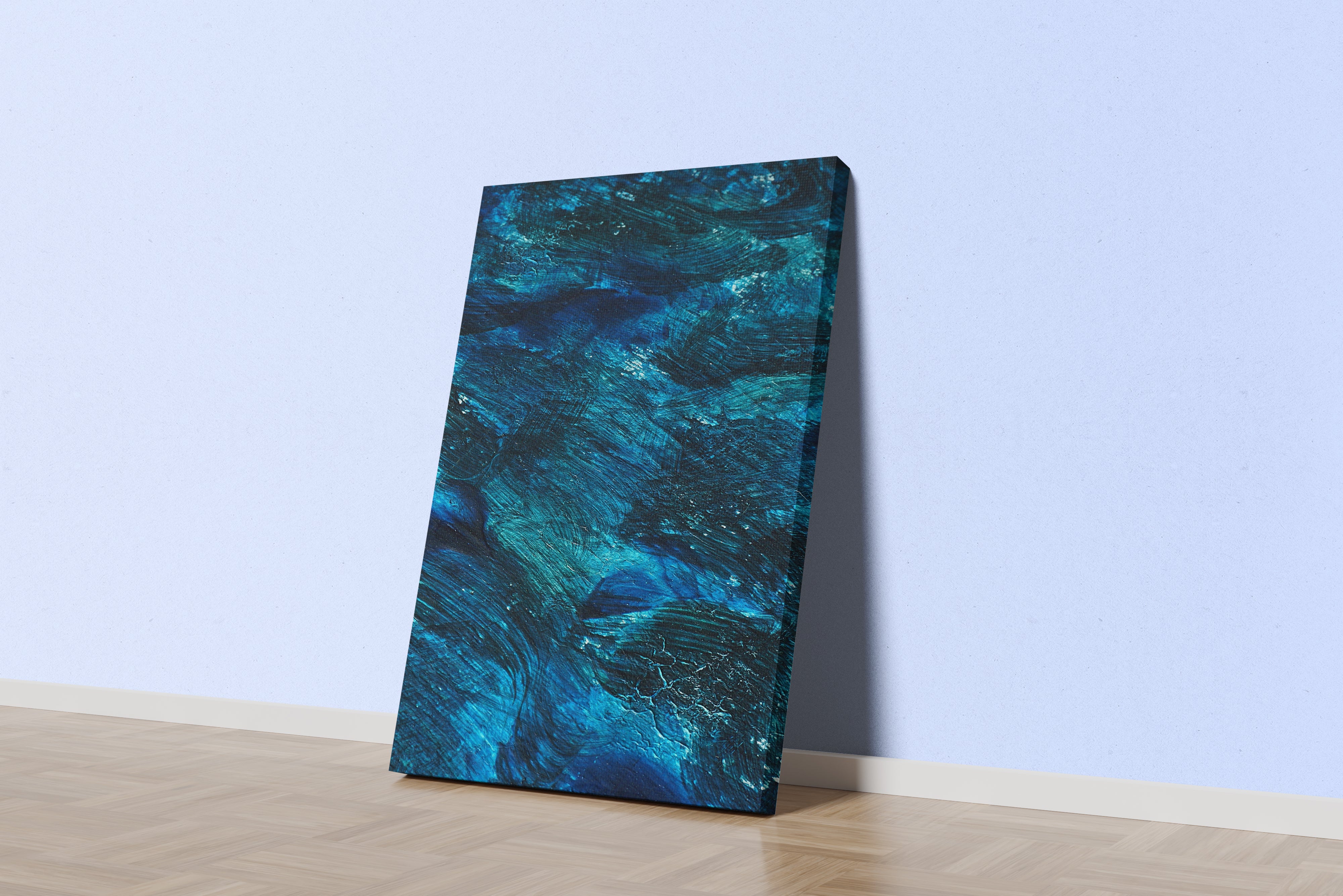 a close-up of a textured abstract painting with brushstrokes in deep blue and teal, abstract, art, kanvas tablo