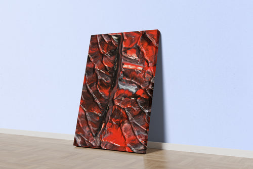 a macro photograph of thick, glossy red and black paint with deep textured ridges, abstract, art, kanvas tablo