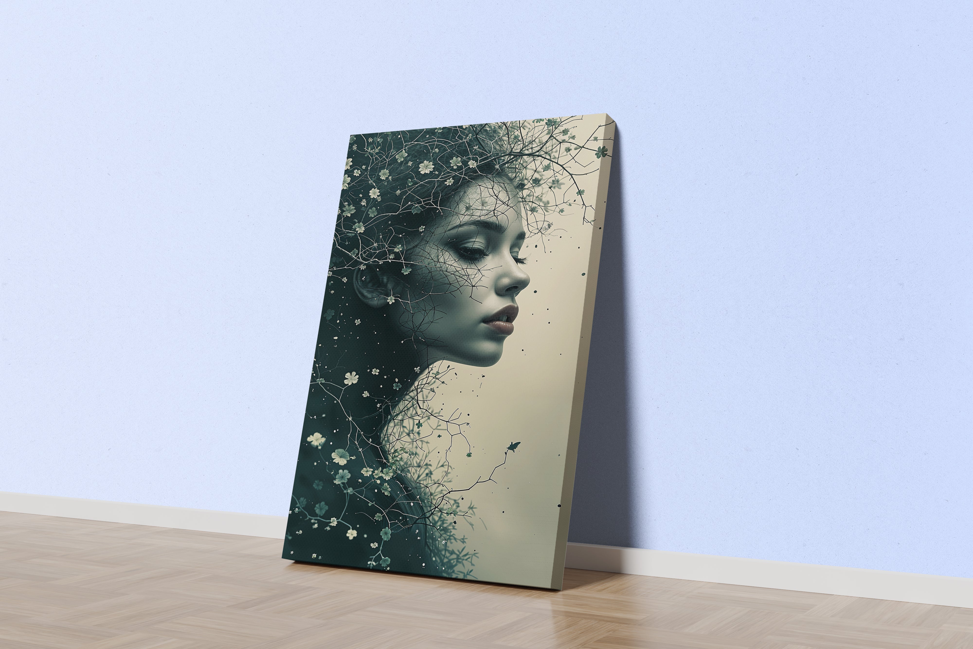 ai creation, a woman's profile dissolving into dark branches with tiny white flowers, ai art, art, kanvas tablo