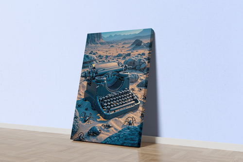 ai creation, a typewriter stuck in the desert among insects, ai art, art, kanvas tablo