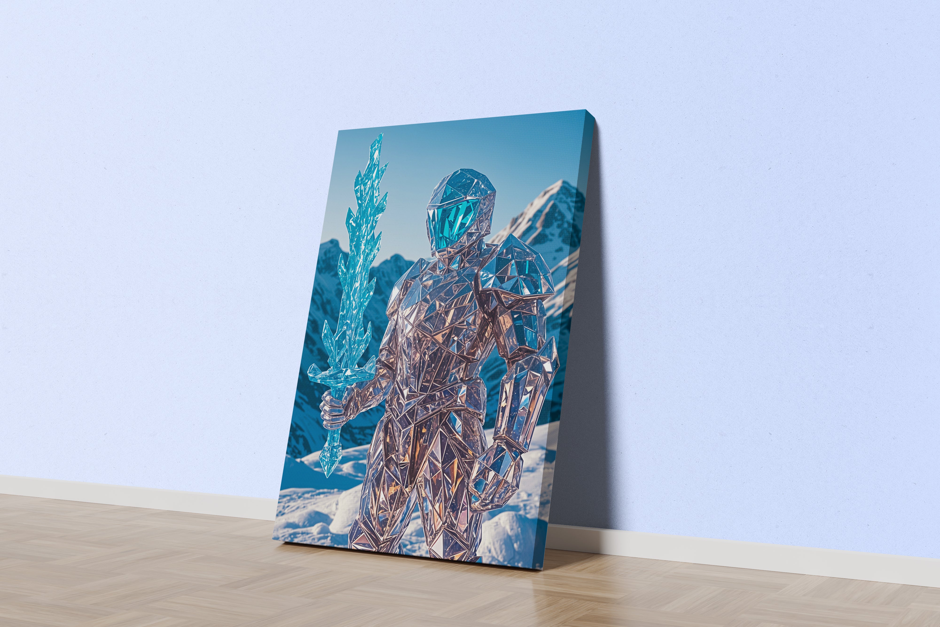 ai creation, crystal shining warrior holding a crystal sword, frozen theme, ai art, art, kanvas tablo