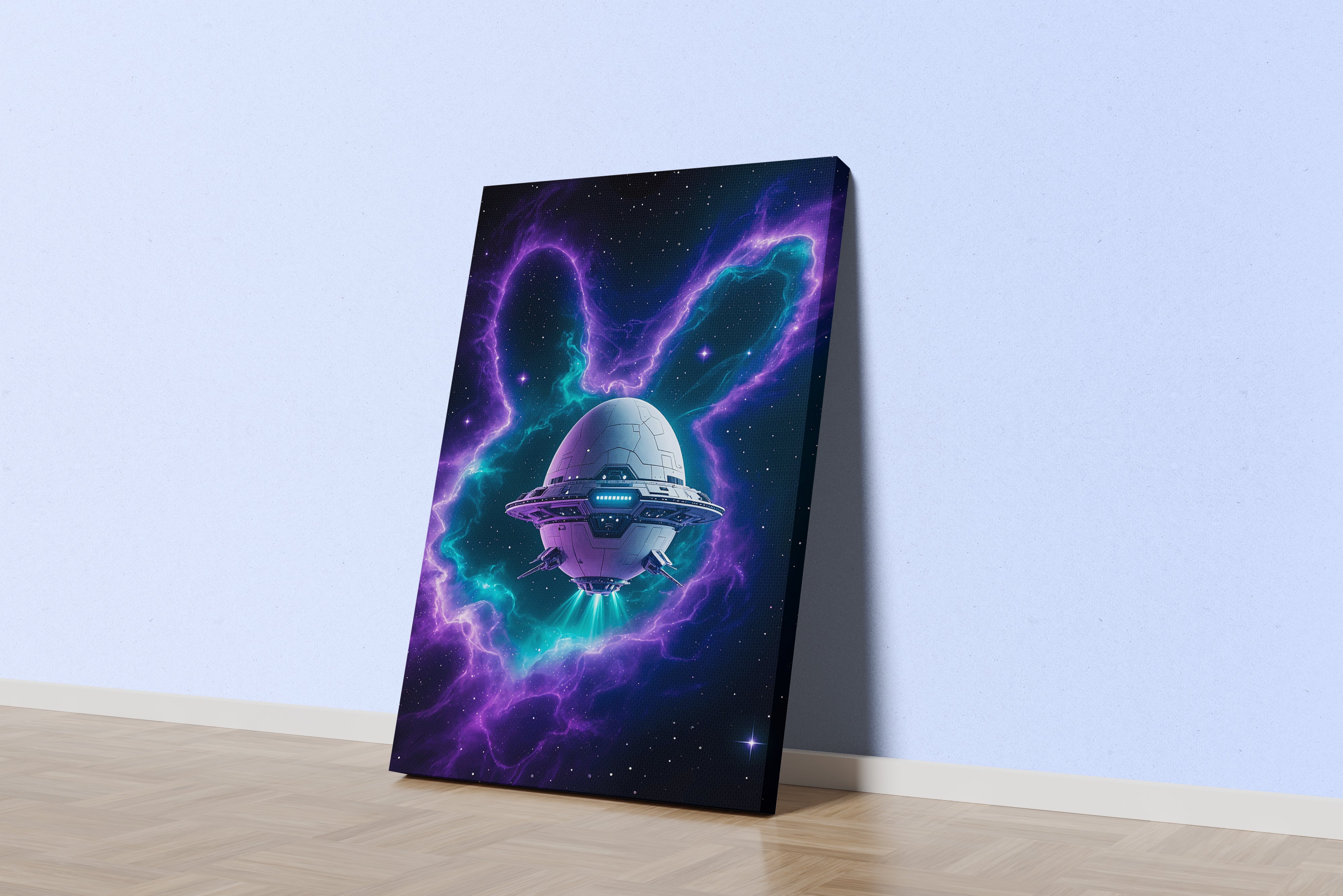 ai creation, rabbit and ship in space, ai art, art, kanvas tablo