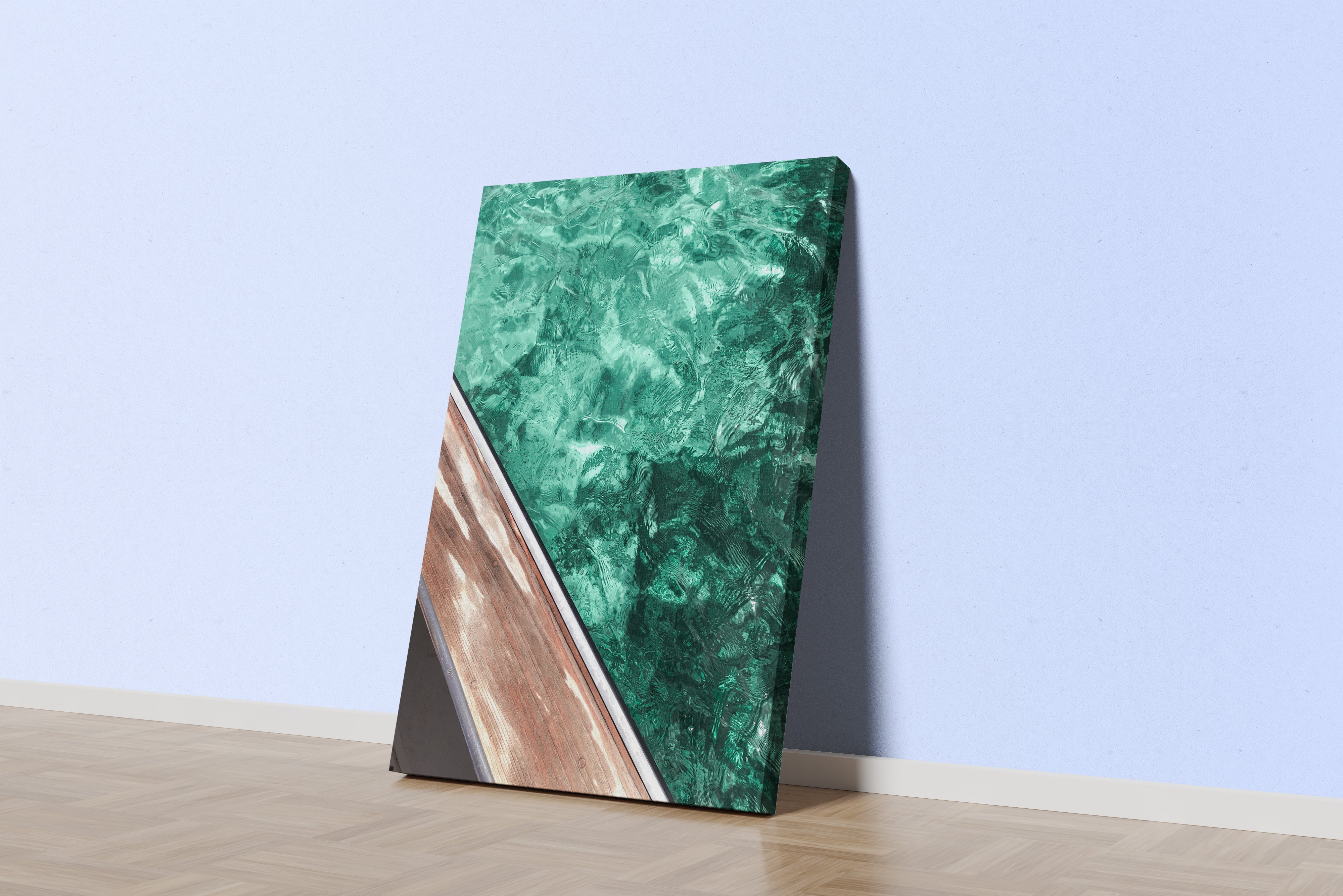 a diagonal view from a wooden deck looking down into clear, turquoise ocean water, abstract, art, kanvas tablo