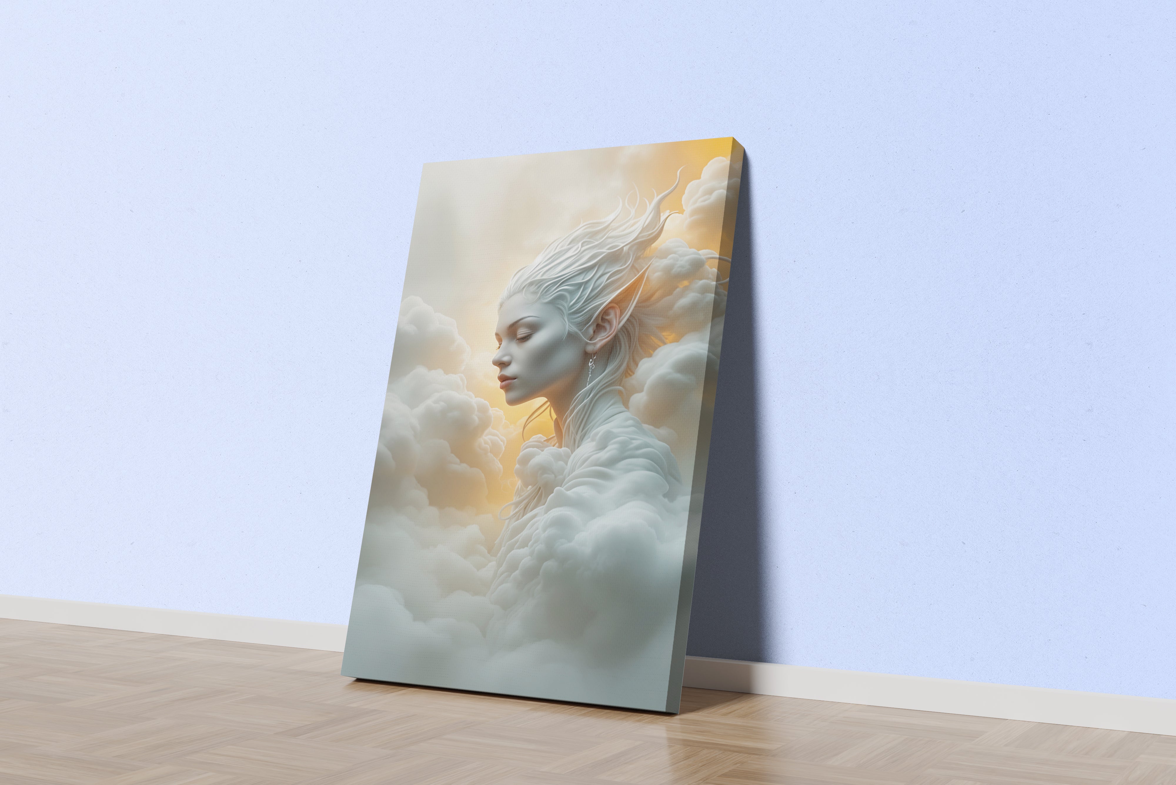 ai creation, an ethereal air spirit with pointed ears, her body made of clouds, ai art, art, kanvas tablo