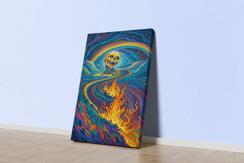 ai creation, skeleton engulfed in rainbow colored flames, ai art, art, kanvas tablo