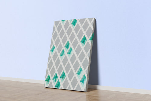 a minimalist architectural facade with a white diagonal lattice over turquoise glass windows, abstract, art, kanvas tablo