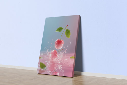 ai creation, cherry falling into water, the theme of pink tones, ai art, art, kanvas tablo