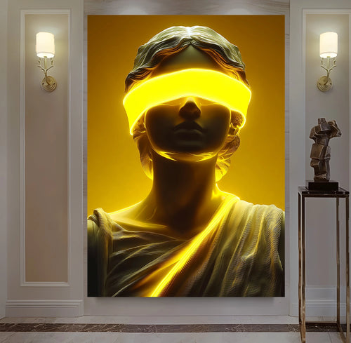 Altın Işıklı Adalet Heykeli – Uzaktan Kumandalı LED Işıklı Kanvas Tablo
