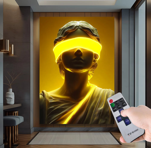 Altın Işıklı Adalet Heykeli – Uzaktan Kumandalı LED Işıklı Kanvas Tablo