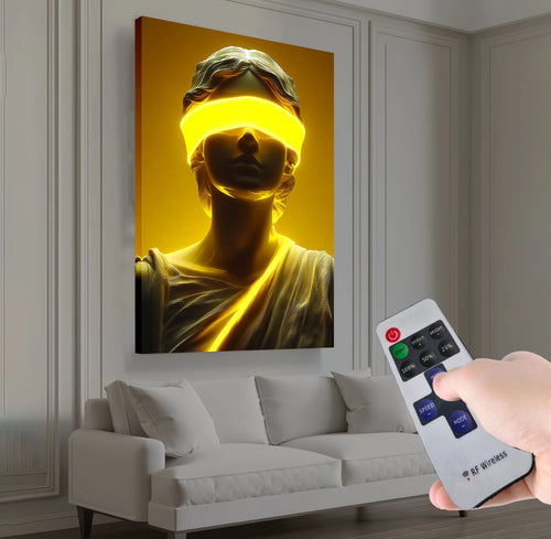 Altın Işıklı Adalet Heykeli – Uzaktan Kumandalı LED Işıklı Kanvas Tablo