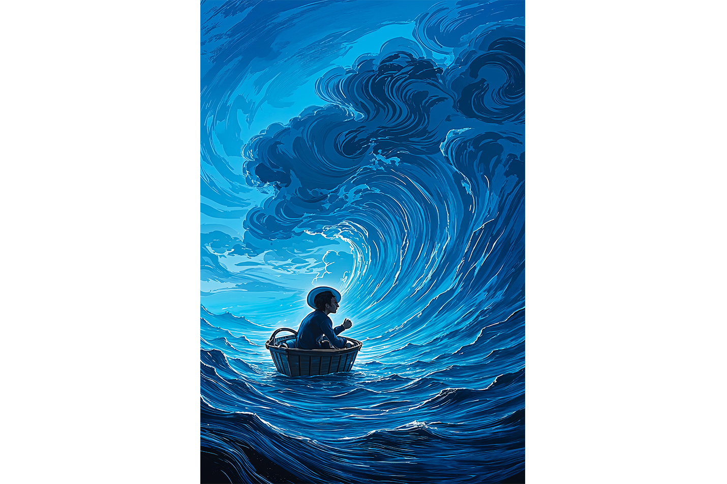 ai creation, a man sitting in a basket floating in giant waves, ai art, art, kanvas tablo