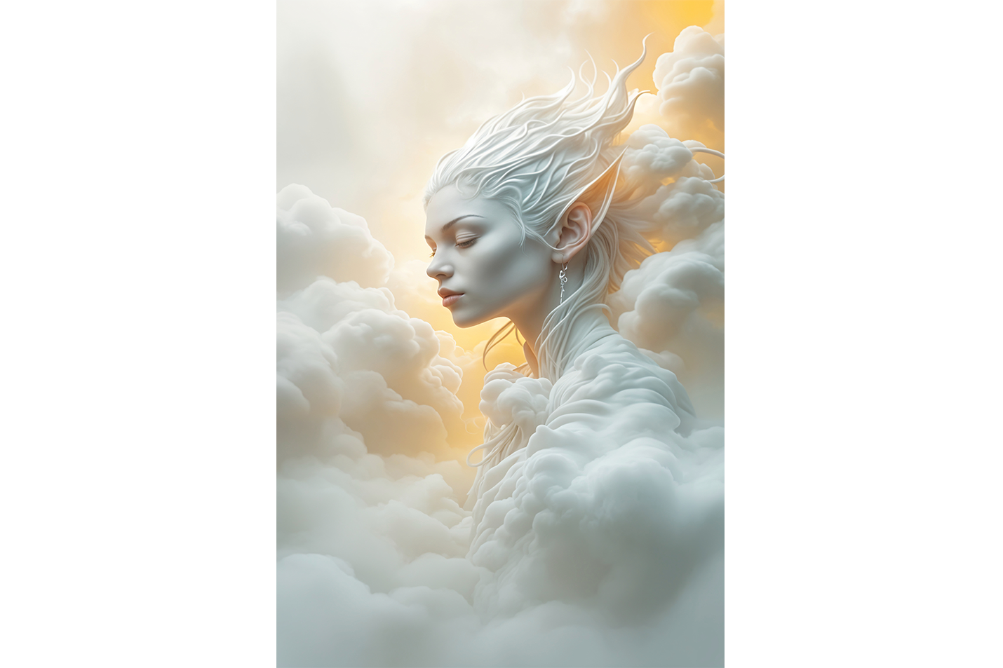 ai creation, an ethereal air spirit with pointed ears, her body made of clouds, ai art, art, kanvas tablo