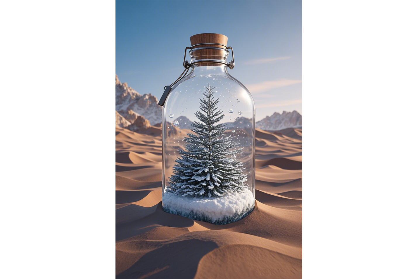ai creation, tree standing on snow in the desert, stuck in a bottle, ai art, art, kanvas tablo