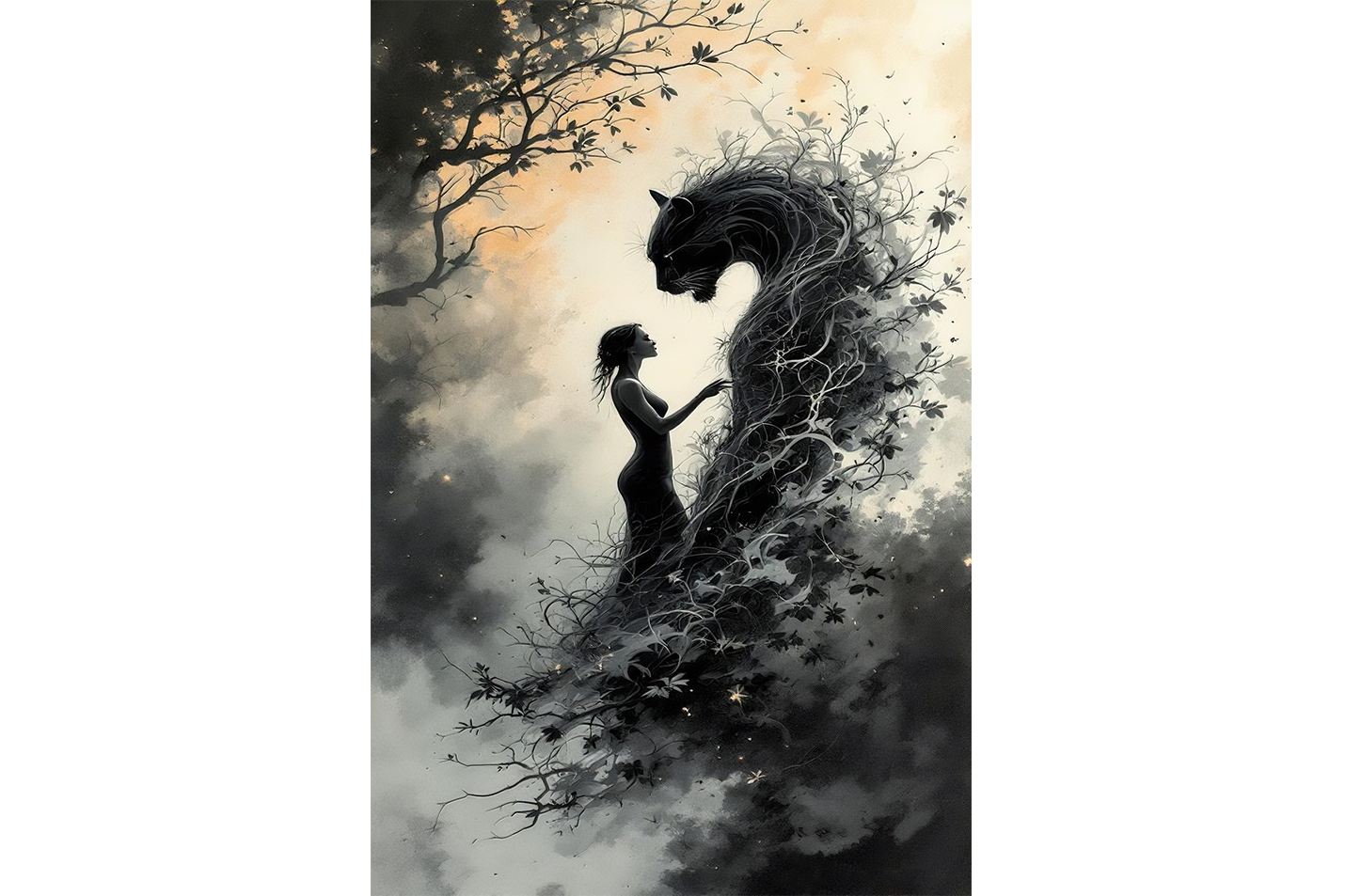 ai creation, black jaguar roaring through the darkness with woman in black, ai art, art, kanvas tablo