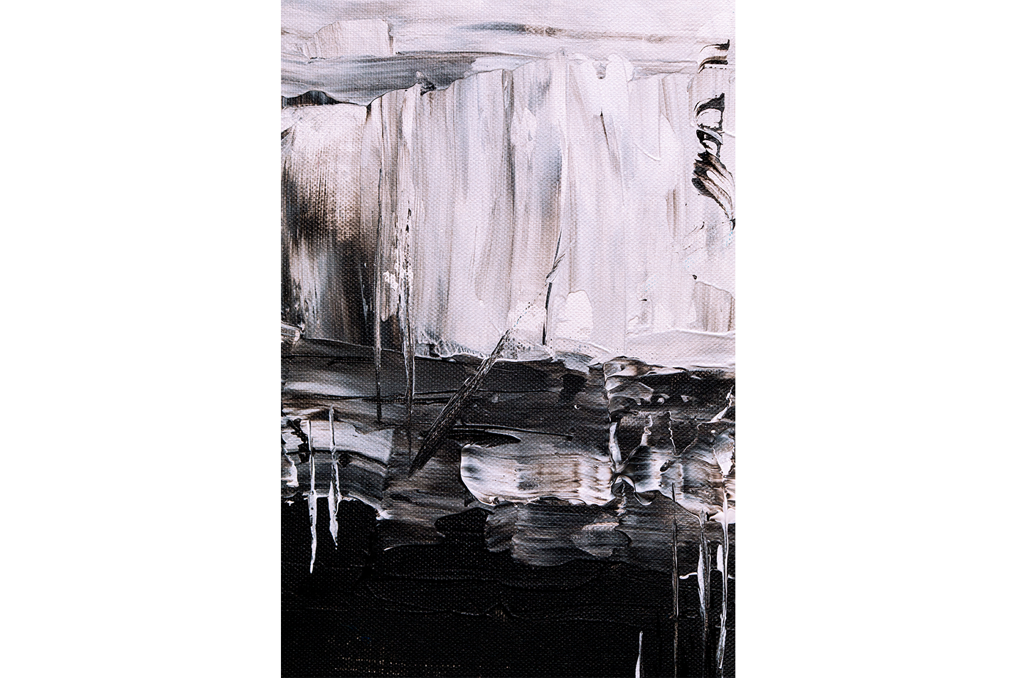 a close-up of a black and white abstract painting with heavy, textured brushstrokes, abstract, art, kanvas tablo