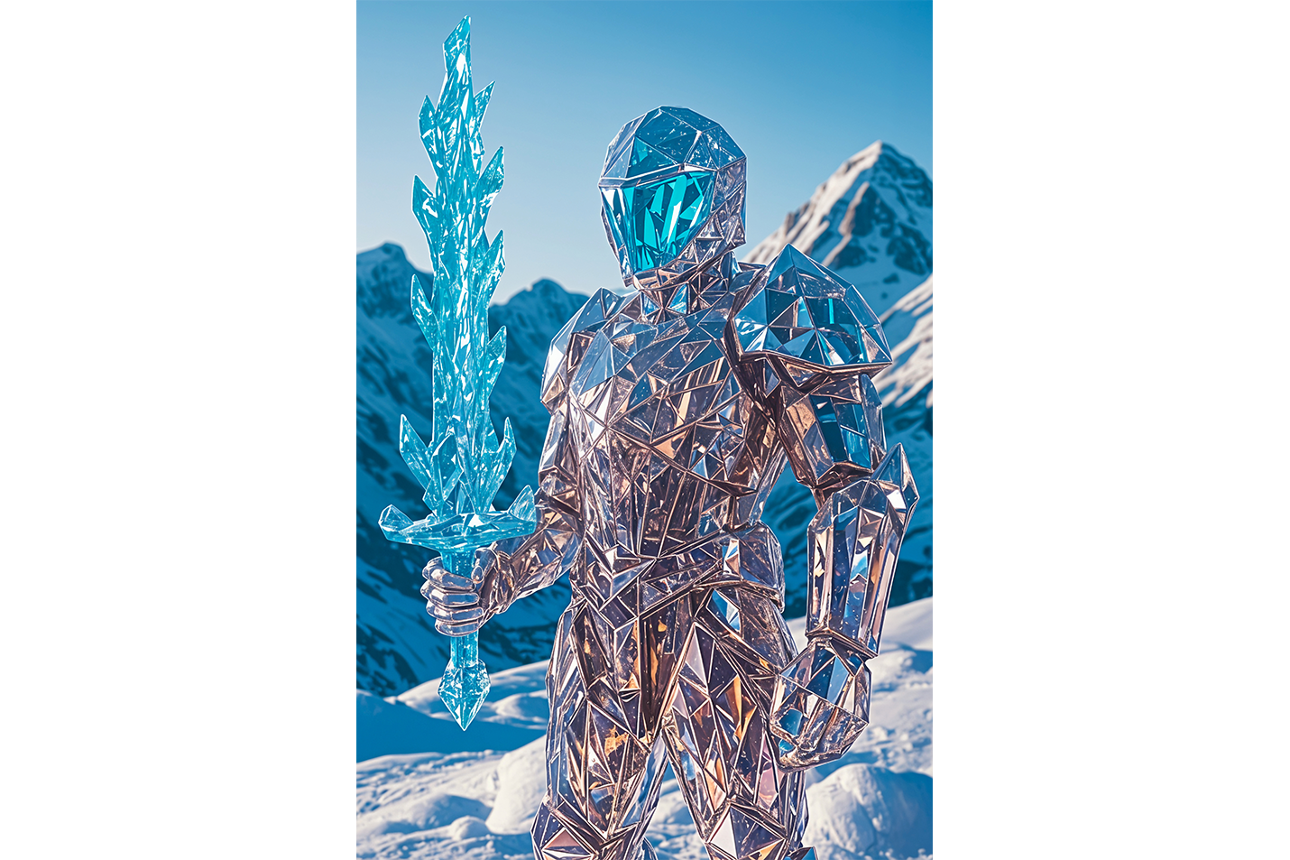 ai creation, crystal shining warrior holding a crystal sword, frozen theme, ai art, art, kanvas tablo