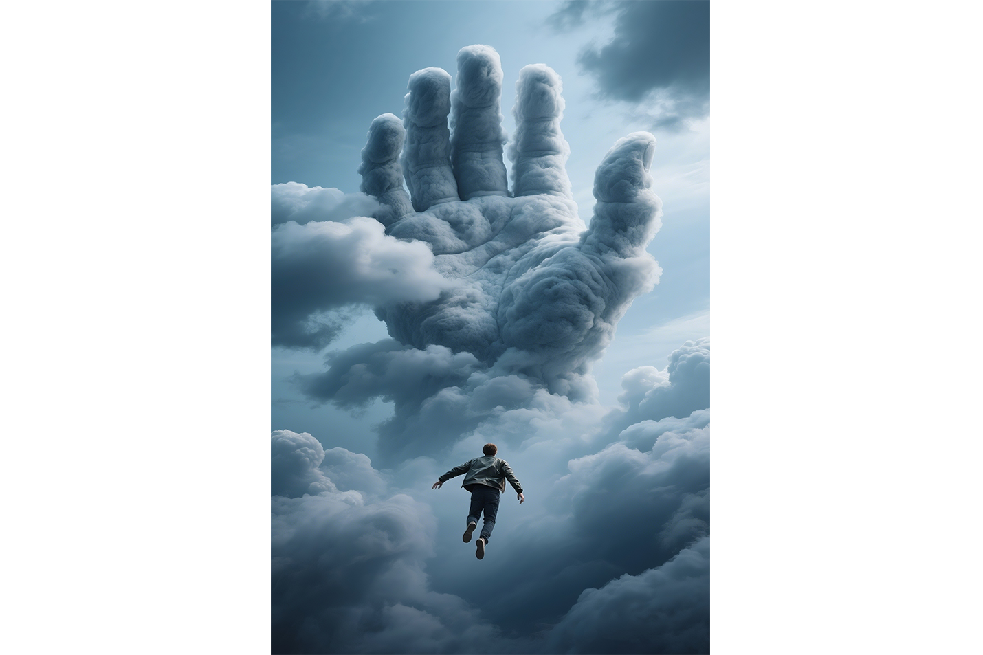 ai creation, a giant hand of clouds reaching for a man falling through the sky, ai art, art, kanvas tablo
