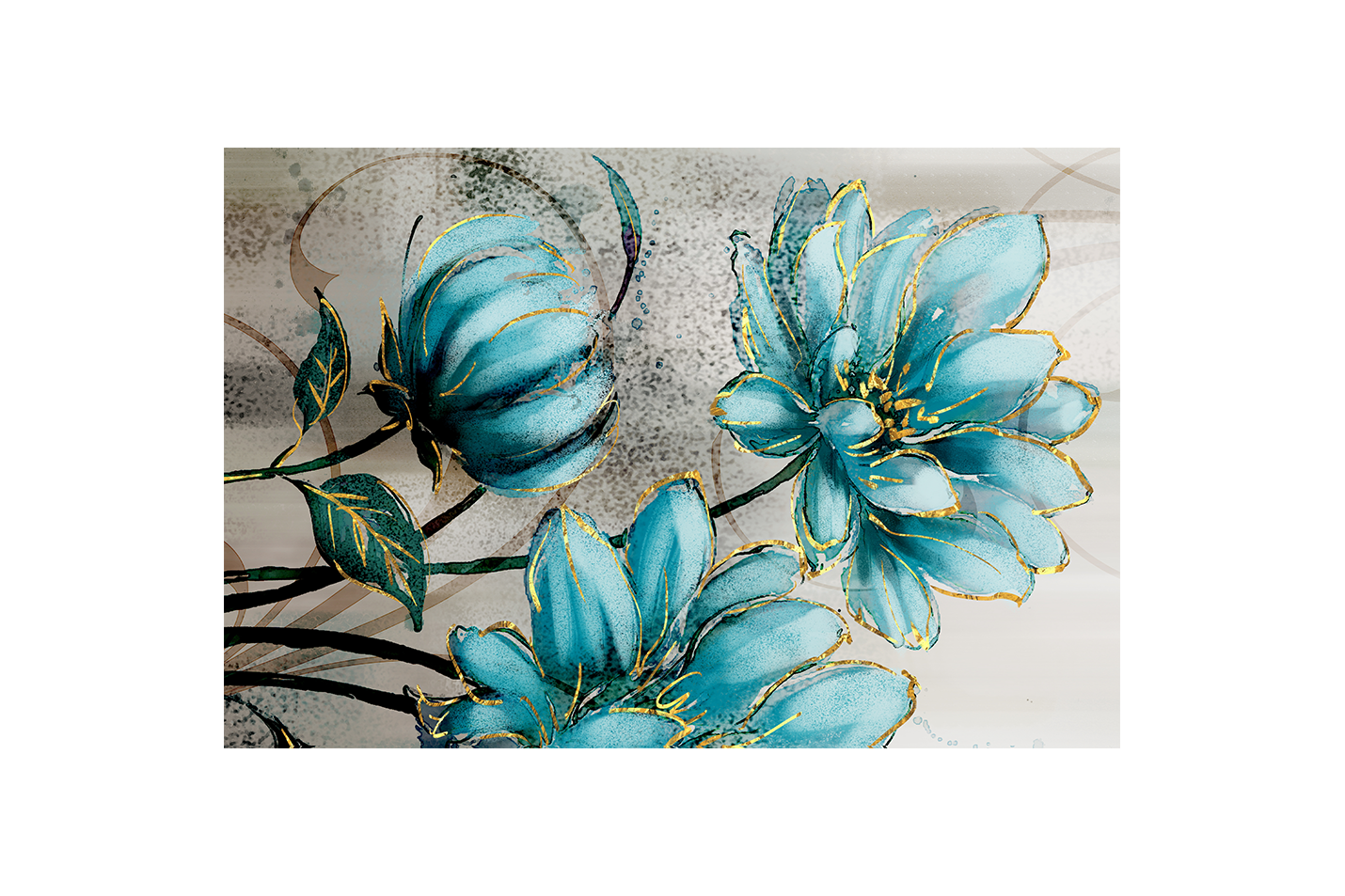 a modern illustration of turquoise flowers outlined with shimmering gold, flower motif, art, kanvas tablo