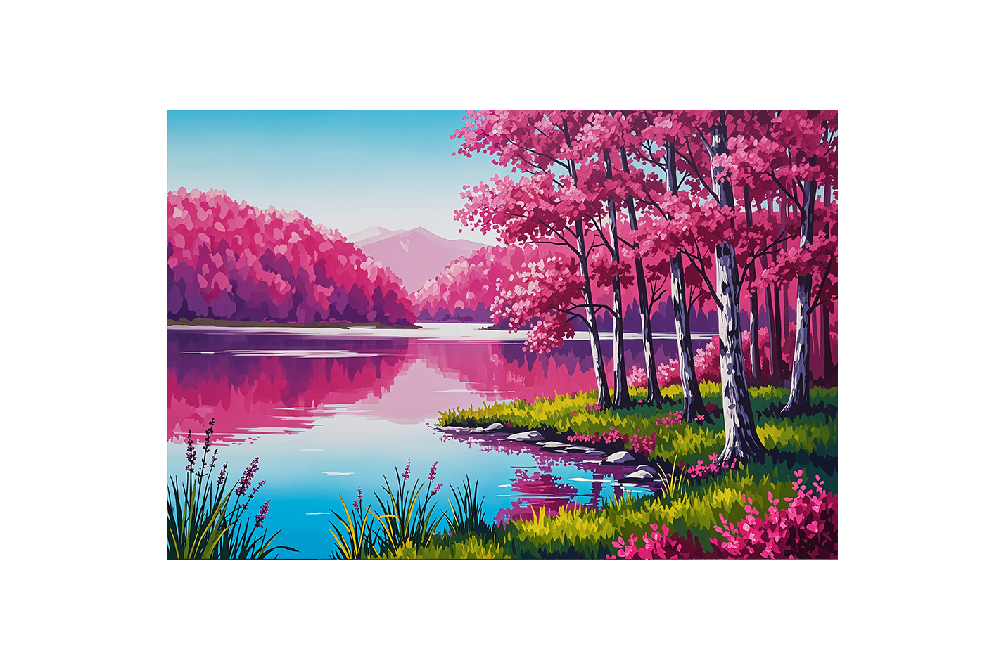 pink themed forest and river, view, art, kanvas tablo