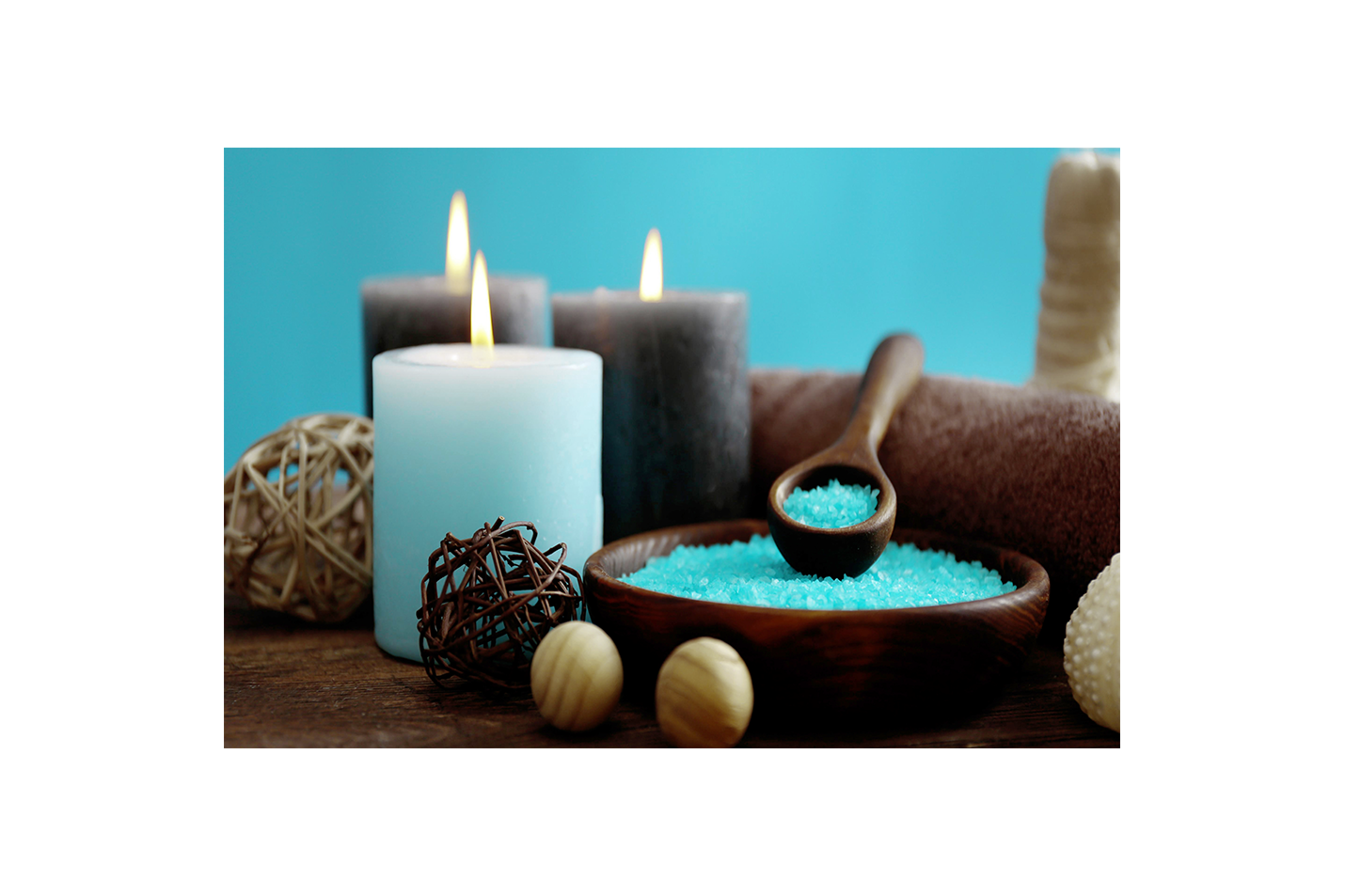 a tranquil spa scene with blue bath salts in a wooden bowl and lit candles, art, kanvas tablo