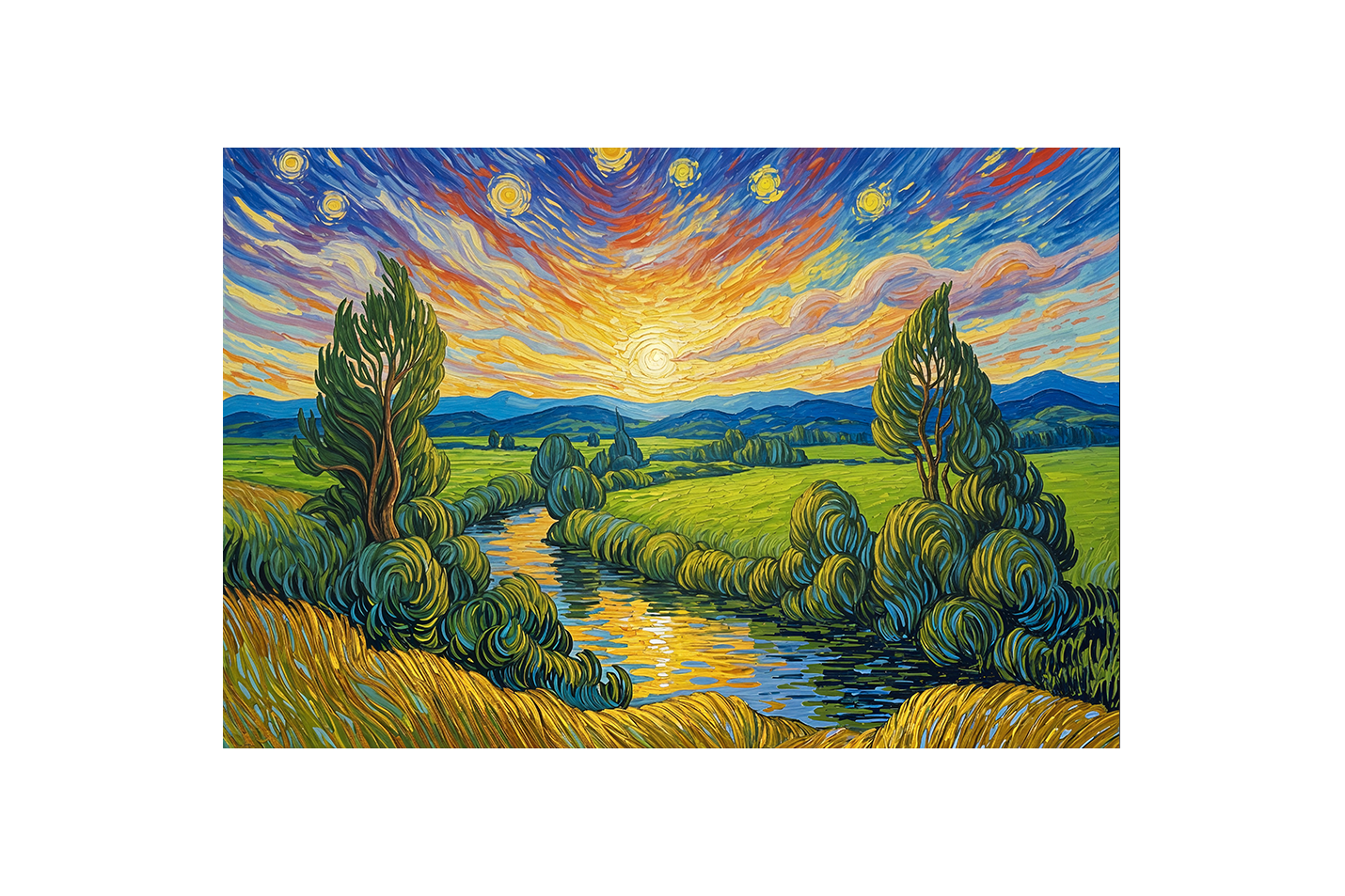 Van Gogh Cypresses and Starry Night themed river view, view, art, kanvas tablo