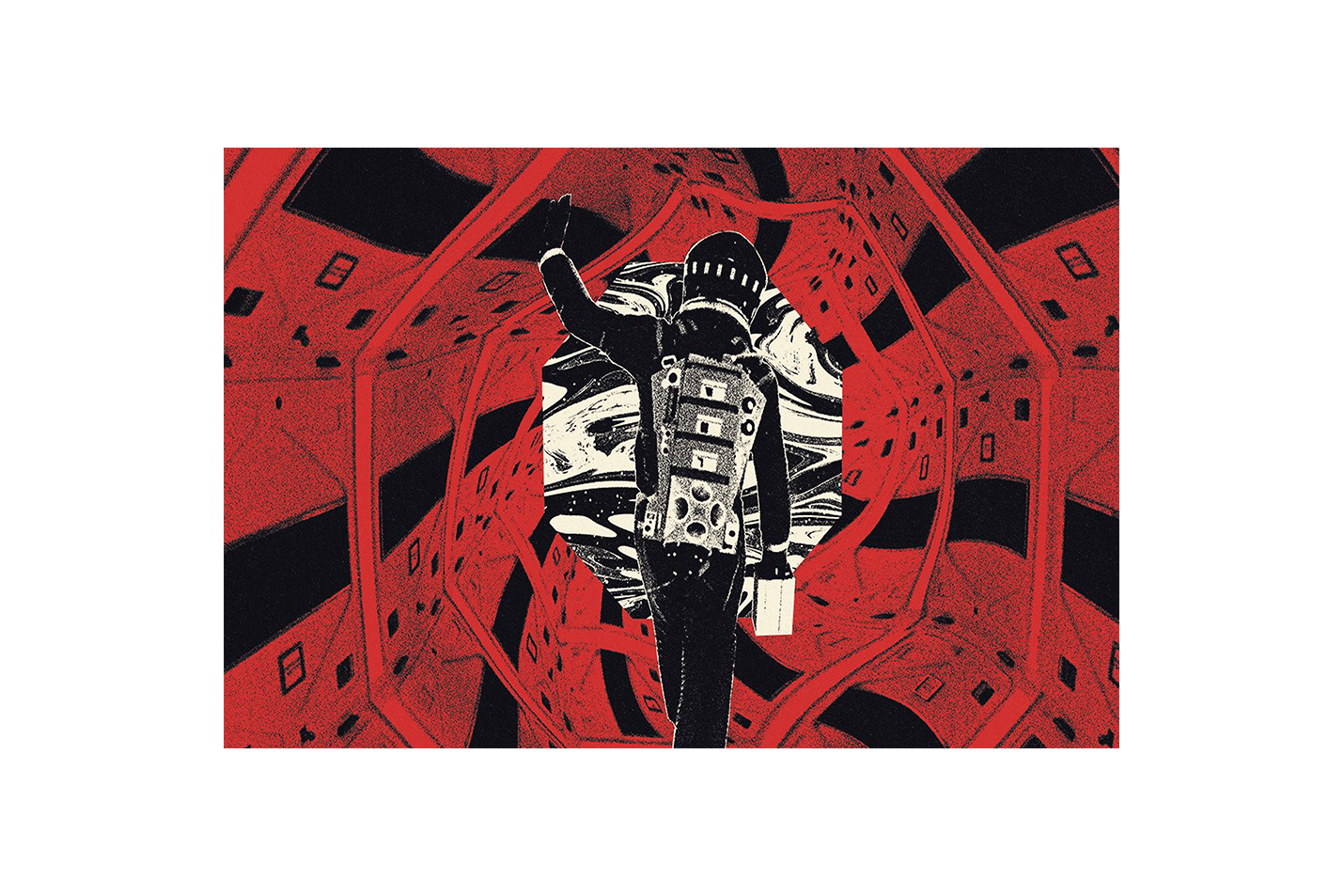 a graphic illustration of an astronaut in the red corridor from 2001, art, kanvas tablo