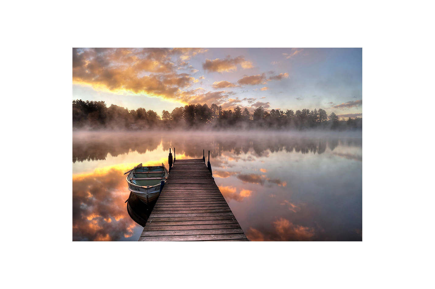a serene, misty lake at sunrise, with a small boat tied to a pier, view, art, kanvas tablo