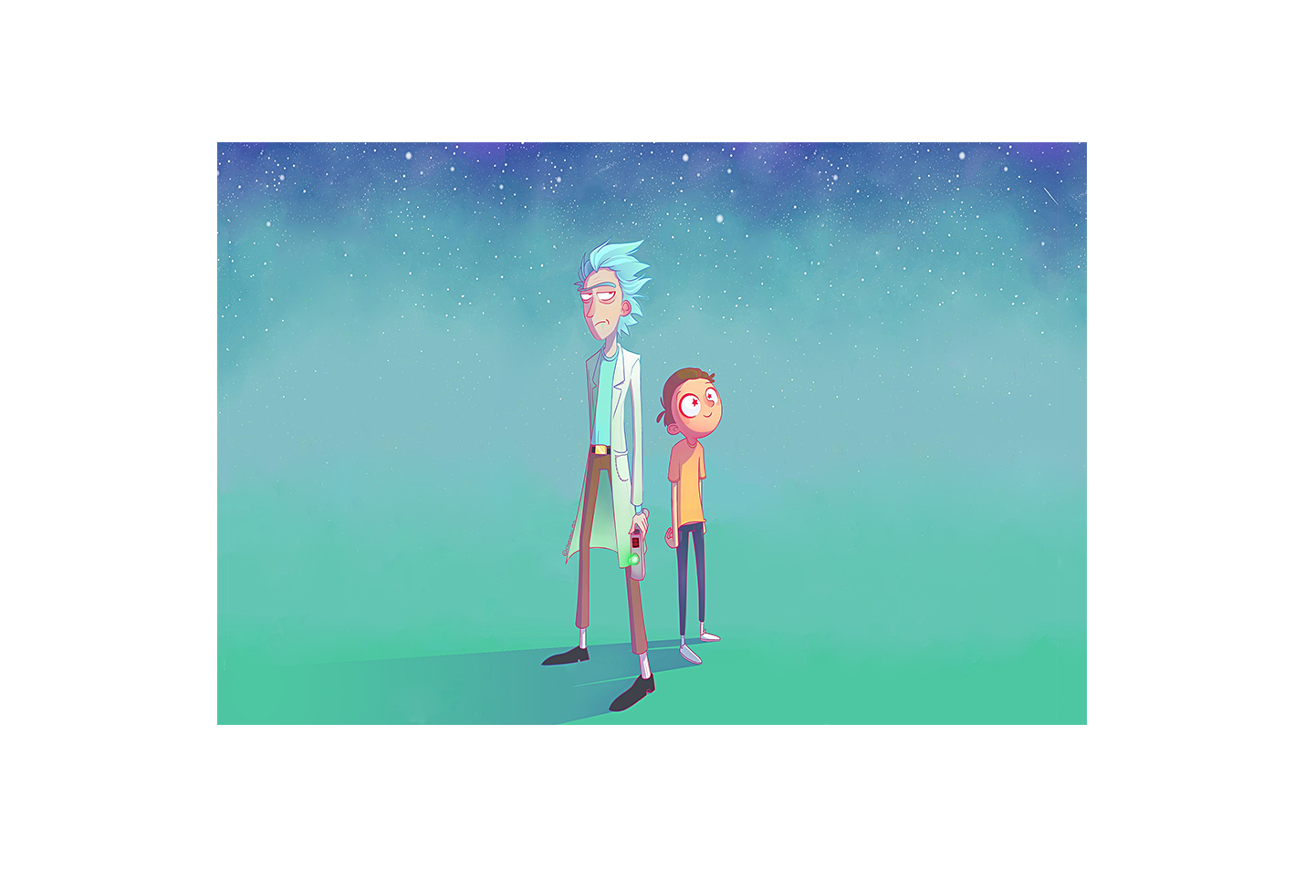 rick and morty standing together under a beautiful, serene starry night sky, anime, art, kanvas tablo