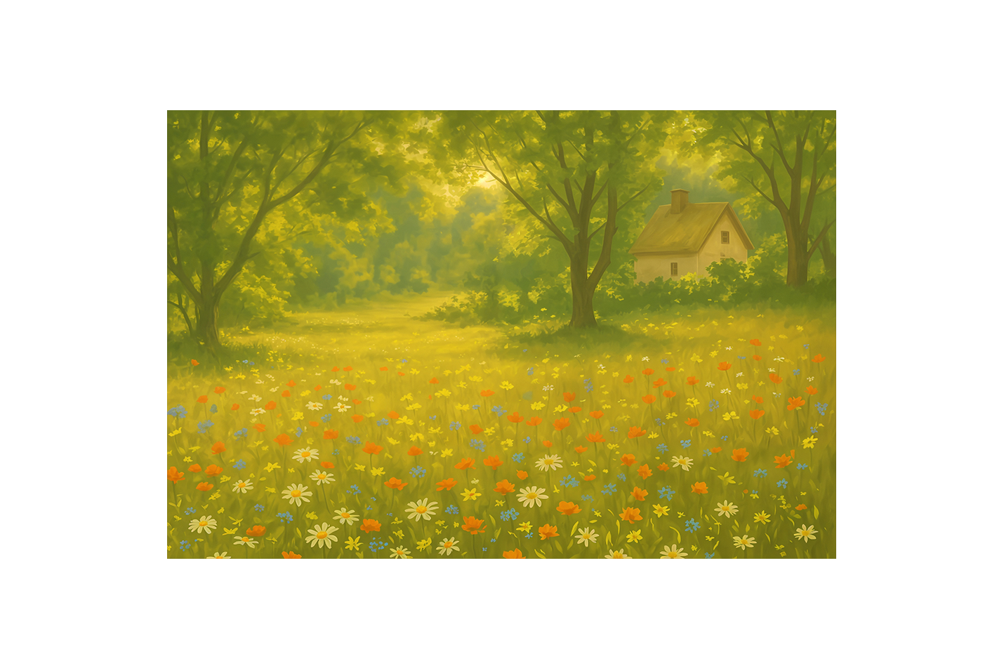 forest and small hut with flower view, view, art, kanvas tablo